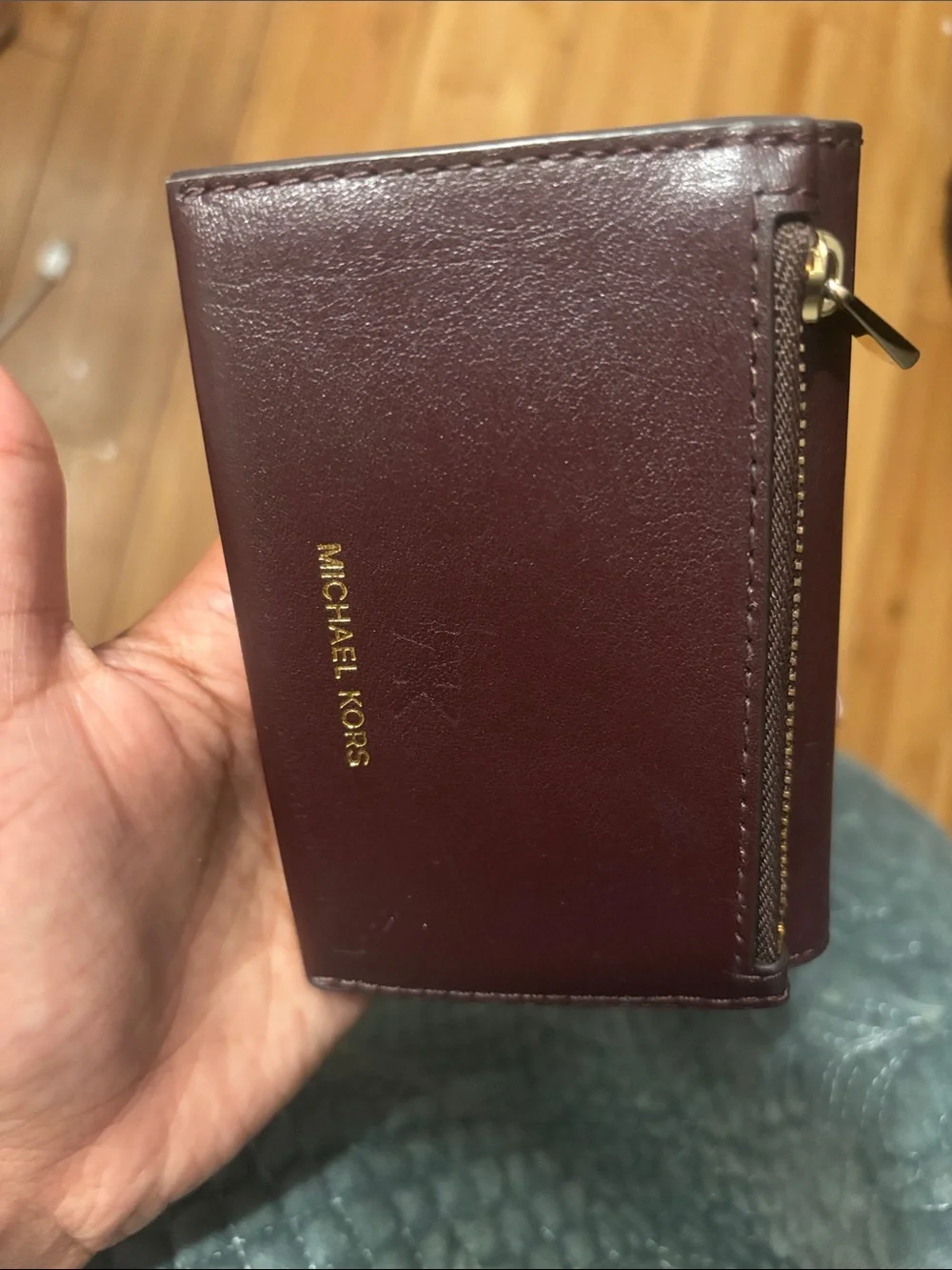 Michael Kors Plum Leather Studded Card Wallet with Gold Hardware